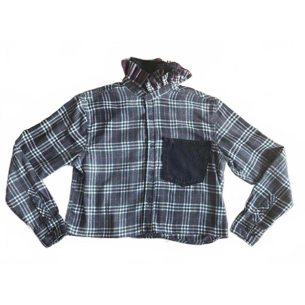 Handmade Upcycled Cropped Flannel Denim & Plaid Ruffled Collar One-of-a-Kind π€β€οΈ - Picture 3 of 13